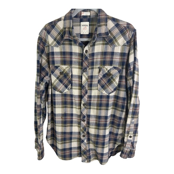 Fossil Shirt Mens Size Large Brown White Plaid Button Down Cotton A427 - Picture 4 of 6